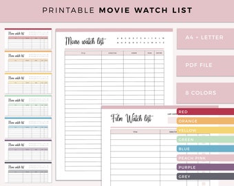 Film Watchlist, Movie Watch checklist printable, Movie Journal, Film Journal, Film Log, Film Rating sheet, Movie ratings, A4 and Letter