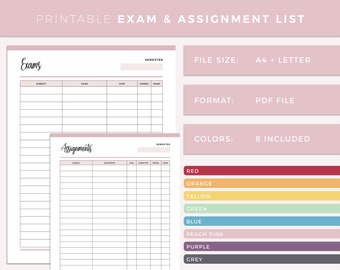Printable exam tracker, print at home assessment tracking sheet, university and college preparation planner inserts, student essentials