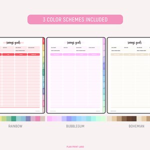 Three savings goals tracker pages in rainbow, bubblegum, and bohemian color schemes, each showing columns for goal amount, start date, goal end date, actual end date, weekly savings needed, and weekly spending budget with rows for tracking progress.
