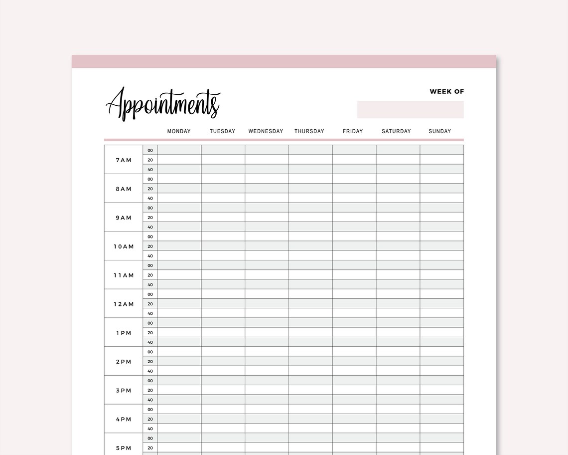 Printable Appointment Book 20 Minute Interval Appointment Etsy Printable Appointment Book 20 Minute Interval Appointment Etsy