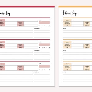 May include: Two printable phone log pages with a red and orange colour scheme. Each page has columns for child, contact initiated by, time, contact with, length, date, and follow up. The pages are designed for tracking phone calls with children.