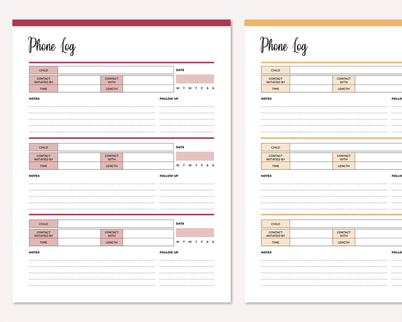 May include: Two printable phone log pages with a red and orange colour scheme. Each page has columns for child, contact initiated by, time, contact with, length, date, and follow up. The pages are designed for tracking phone calls with children.