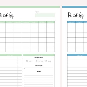 Green and blue versions of the Period Log page from the printable period tracker, each with a Monday to Sunday monthly grid, colour key table and information panel with cycle started checkboxes, stress level bar and notes lines.