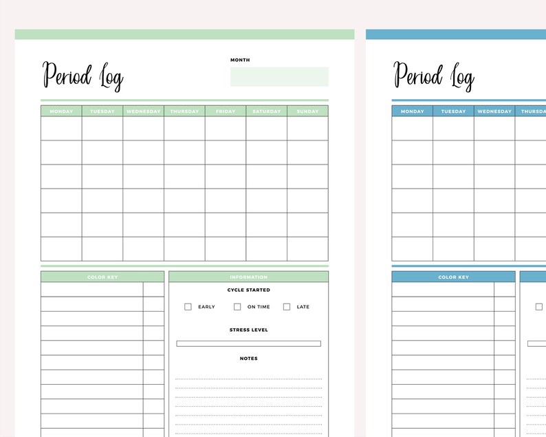 Green and blue versions of the Period Log page from the printable period tracker, each with a Monday to Sunday monthly grid, colour key table and information panel with cycle started checkboxes, stress level bar and notes lines.