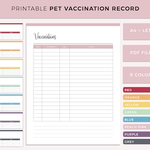 Printable Pet Vaccination Record, Dog Vaccination, Puppy Vaccination Cat Vaccination Log, Pet Health Care Log, Care Book, A4 and US Letter