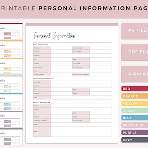 Afdrukbare persoonlijke informatiepagina, plannersjabloon, insteekmap, A4 en US Letter, persoonlijke planner-infopagina, arbeidsgegevens