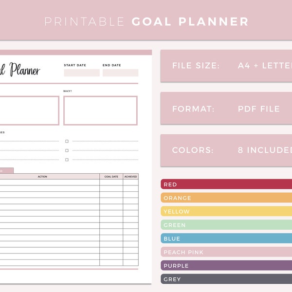 Printable goal planner, plan for success, print at home goal planning template, action plan for life, idea manifestation A4 and letter