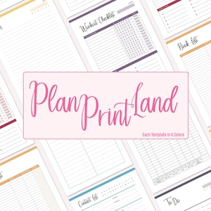 K&ouml;nnte beinhalten: Druckbare Planer-Vorlagen in verschiedenen Farben, darunter eine Workout-Checkliste, eine Buchliste, eine To-Do-Liste, eine Kontaktliste und vieles mehr. Der Text "Plan Print Land" wird in Pink angezeigt.
