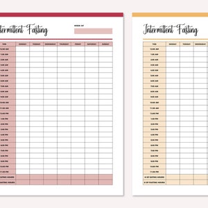 May include: A printable intermittent fasting tracker with a pink and white color scheme. The tracker includes a daily schedule from 12:00 AM to 11:00 PM, with columns for each day of the week. There are sections for tracking the number of eating hours and fasting hours.