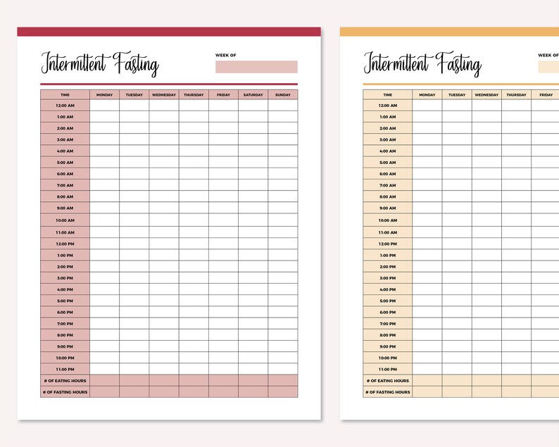 May include: A printable intermittent fasting tracker with a pink and white color scheme. The tracker includes a daily schedule from 12:00 AM to 11:00 PM, with columns for each day of the week. There are sections for tracking the number of eating hours and fasting hours.