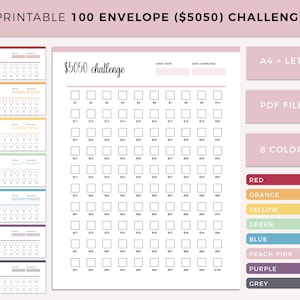 Printable 100 Envelope Challenge, 5050 Savings Challenge, Money Savings Challenge, Savings Tracker, Budget Savings Tracker, A4 and Letter