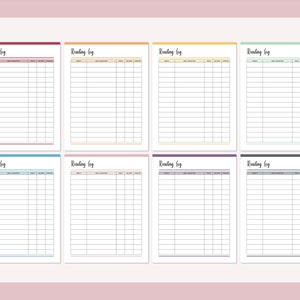May include: Eight printable reading log templates with different colored borders. Each template has a title that says "Reading Log" and is formatted with columns for book title, author, genre, start date, finish date, and notes.