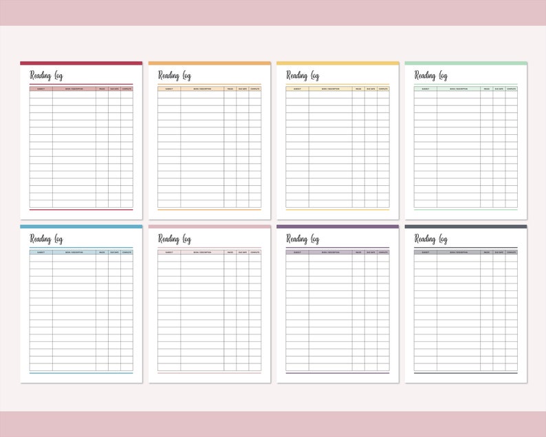 May include: Eight printable reading log templates with different colored borders. Each template has a title that says "Reading Log" and is formatted with columns for book title, author, genre, start date, finish date, and notes.