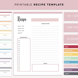 Printable recipe template, blank recipe page, cooking list sheet, recipe card template, home cook book, A4 and Letter size,