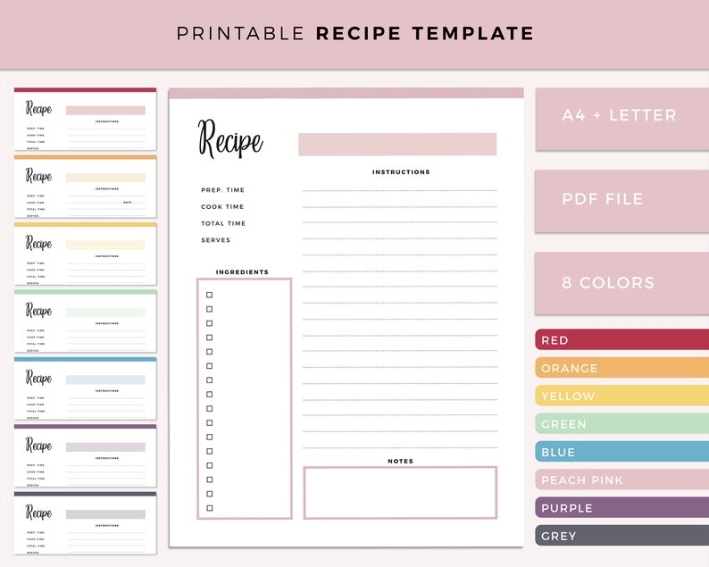 Printable recipe template, blank recipe page, cooking list sheet, recipe card template, home cook book, A4 and Letter size, 