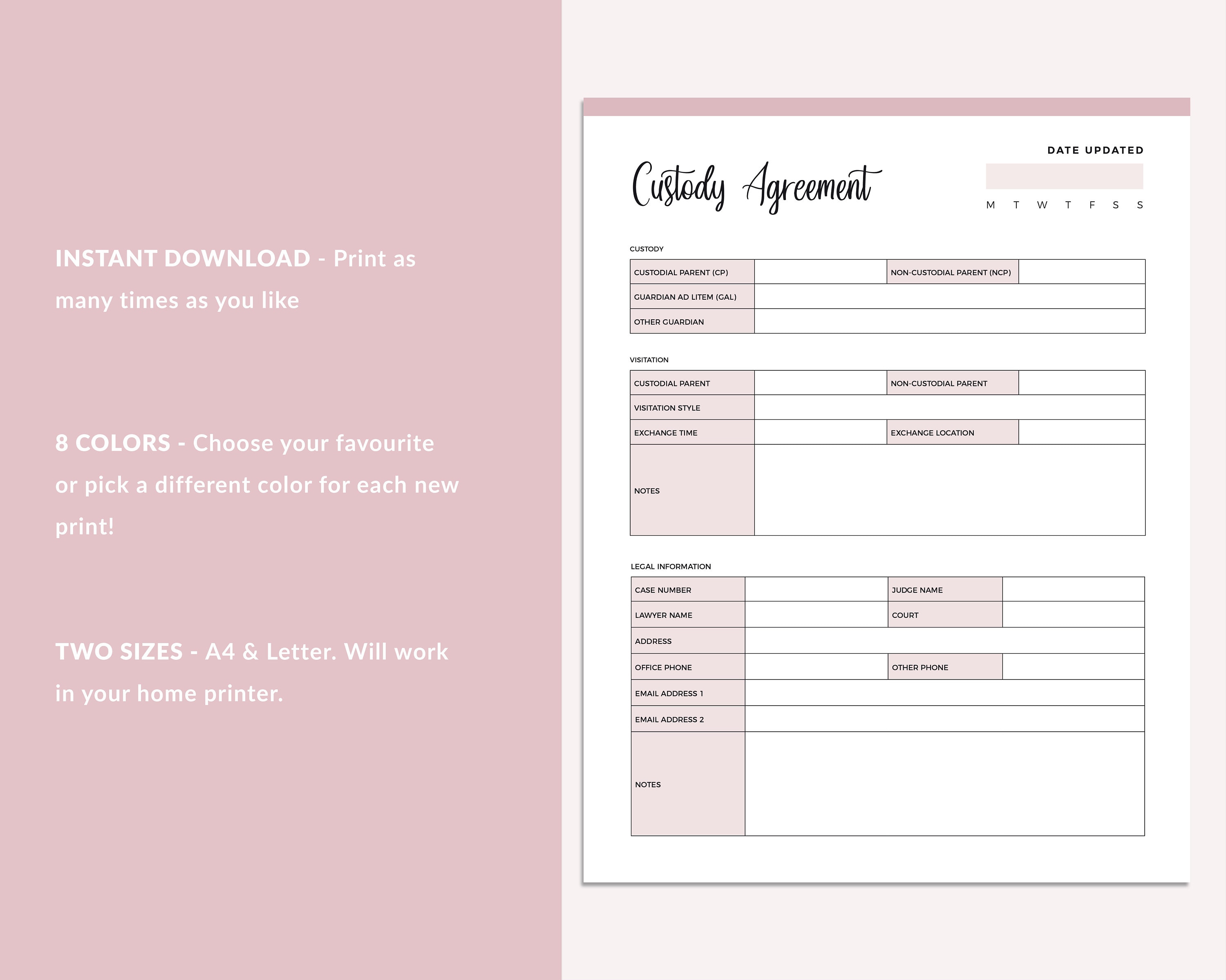 Printable Child Custody Agreement Custody Battle Legal Sheet - Etsy