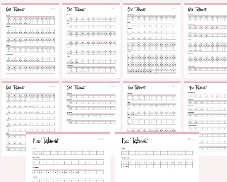 May include: A printable Bible reading log with a pink and white color scheme. The log is divided into two sections: Old Testament and New Testament. Each section has a grid with spaces for the book, chapter, and verses read.