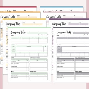 May include: A set of printable caregiving task checklists in various colors. Each checklist includes sections for food and drink, hygiene, household tasks, exercise and activity, and health. The checklists are designed to help caregivers keep track of their tasks and ensure that their loved ones are receiving the care they need.