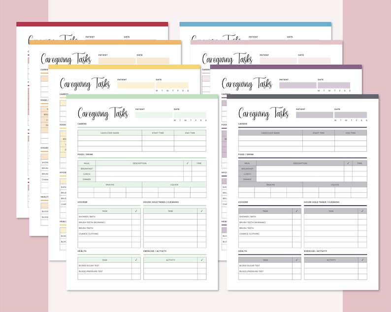 May include: A set of printable caregiving task checklists in various colors. Each checklist includes sections for food and drink, hygiene, household tasks, exercise and activity, and health. The checklists are designed to help caregivers keep track of their tasks and ensure that their loved ones are receiving the care they need.