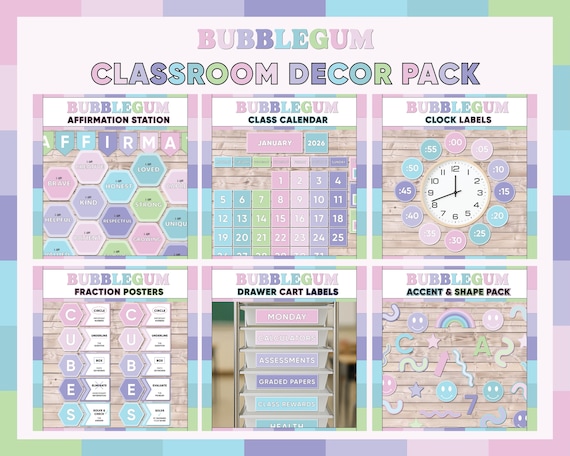 Pink, Blue Purple Classroom Decor Bundle - Teacher Decorations Printable