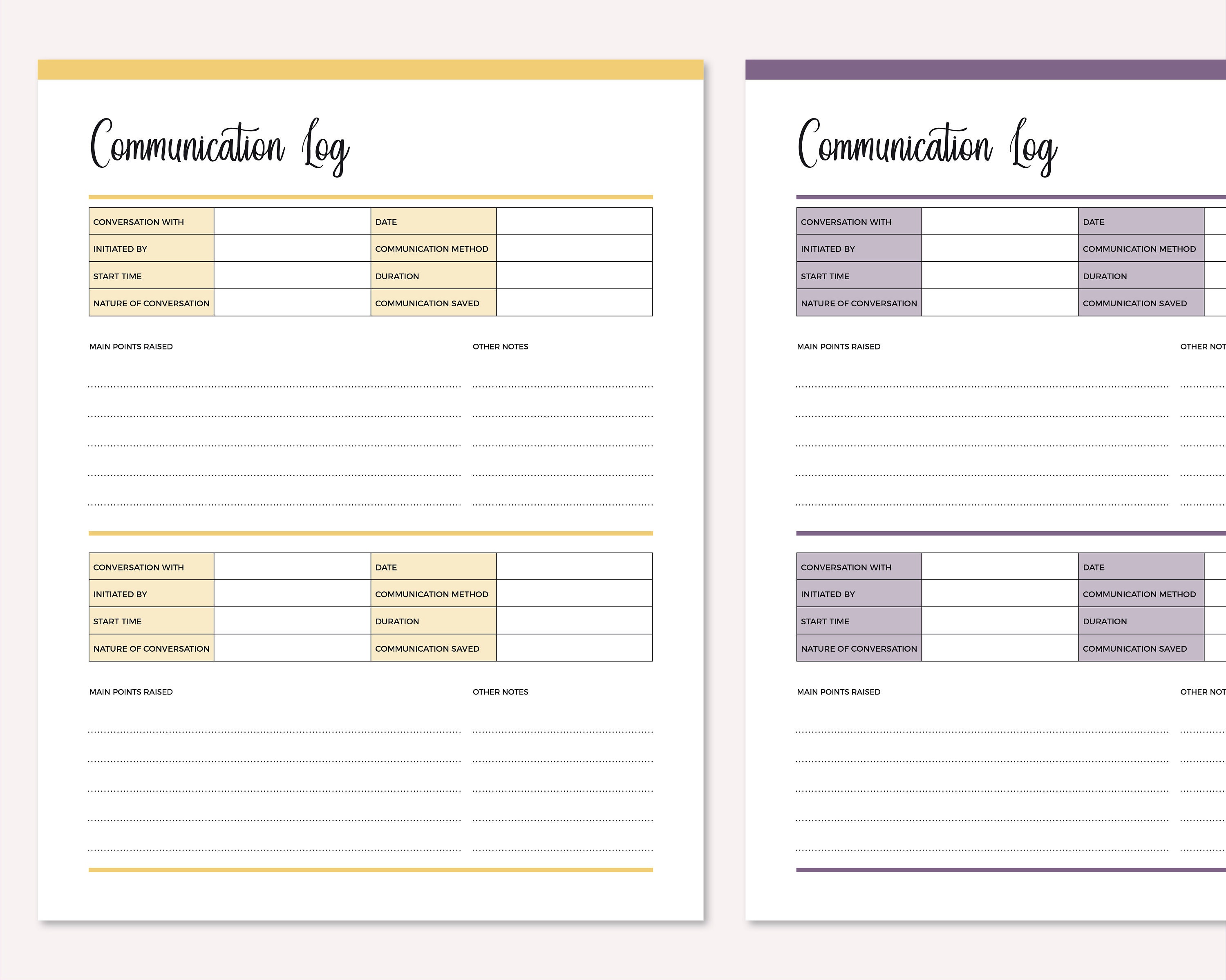 Printable Communication Log, Call Log Template, A4 and Letter Size ...