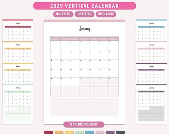2029 Vertikaler Kalender zum Ausdrucken, Jahresplaner, 8 Farben (PDF-Download)