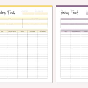 May include: A printable sinking fund tracker with two pages. The first page is yellow and the second page is purple. Both pages have columns for date, starting amount, deposit, withdrawal, and new balance. The pages also have sections for fund, goal end date, goal amount, and monthly contributions.