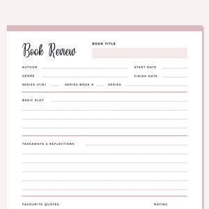 Single page book review template with pink header bar displaying sections for book title, author, dates, genre, series details, basic plot, takeaways & reflections, favorite quotes, and star rating system.