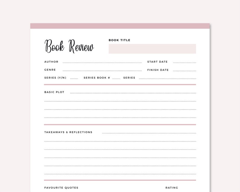 Single page book review template with pink header bar displaying sections for book title, author, dates, genre, series details, basic plot, takeaways & reflections, favorite quotes, and star rating system.