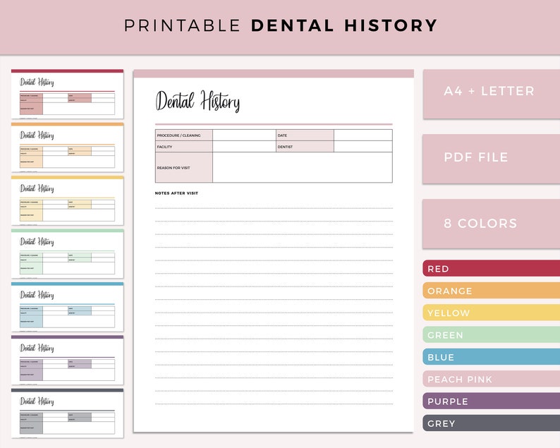 Printable Dental History Dental Records Dental Procedures Etsy