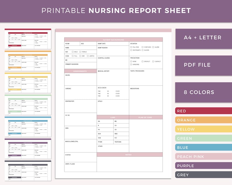 Printable nursing report sheet for a single patient in pink, with patient background, assessments, labs and plan of care sections, shown with all 8 colors in A4 and US Letter