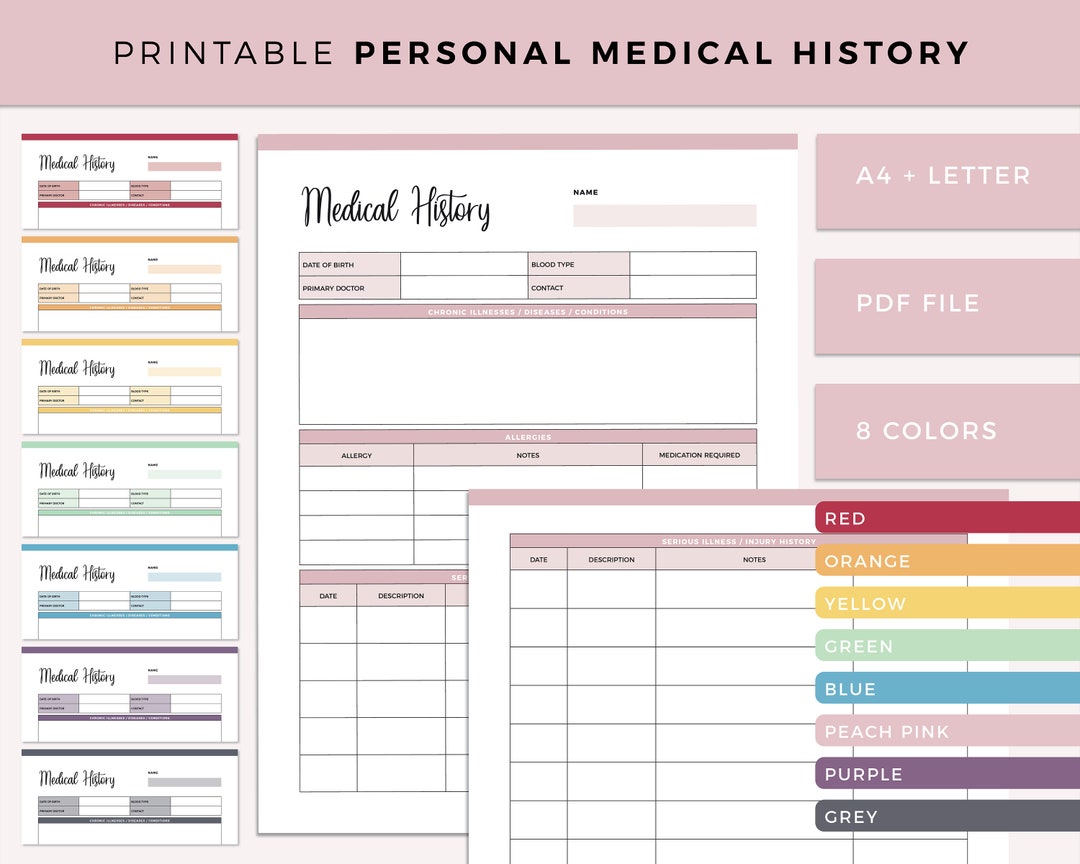 printable medical history form, health planner insert, binder