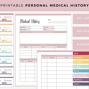 Formulario de historial médico imprimible, inserto del planificador de salud, plantilla de carpeta, cuadro de antecedentes familiares, rastreador de salud personal, tamaño A4 y carta