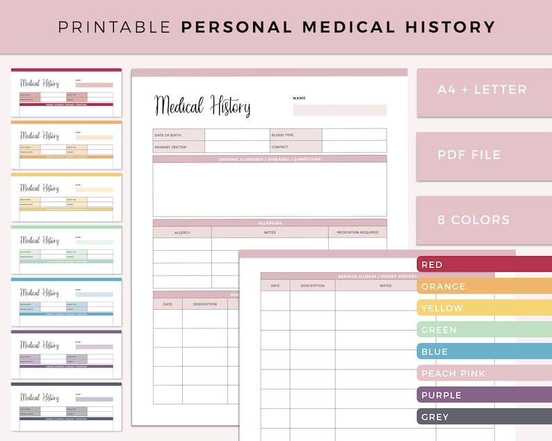 Printable Medical History Form Health Planner Insert Binder