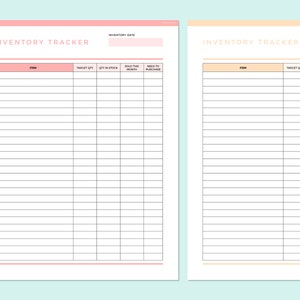 May include: Two printable inventory tracker sheets. The left sheet is pink and the right sheet is peach. Both sheets have a grid with columns for item, target quantity, quantity in stock, sold this month, and need to purchase.