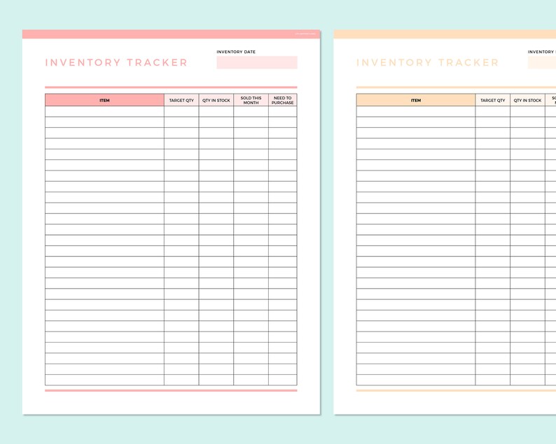 May include: Two printable inventory tracker sheets. The left sheet is pink and the right sheet is peach. Both sheets have a grid with columns for item, target quantity, quantity in stock, sold this month, and need to purchase.