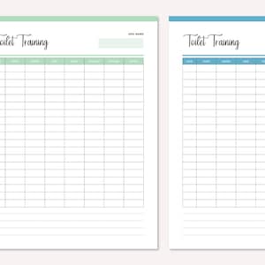 Pode incluir: Dois gr&aacute;ficos de treino para ir ao banheiro imprim&iacute;veis com cabe&ccedil;alhos verde e azul. Os gr&aacute;ficos t&ecirc;m colunas para data, hora, comida, &aacute;gua, xixi, coc&ocirc;, acidente e notas.