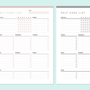 May include: Two printable self-care list templates. The left template has a light brown background and the right template has a gray background. Both templates have a space for a name at the top and a weekly schedule with sections for "Every Day", "Monday", "Tuesday", "Wednesday", "Thursday", "Friday", "Saturday", "Sunday", and "Other".