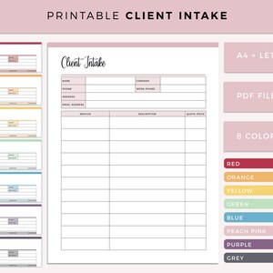 Op de afbeelding: Printbare sjabloon voor een klantintakeformulier in 8 verschillende kleuren: rood, oranje, geel, groen, blauw, perzikroze, paars en grijs. Het formulier bevat velden voor naam, telefoon, adres, e-mailadres, bedrijf, werktelefoon, service, beschrijving en offerteprijs. Het formulier is beschikbaar in A4- en Letterformaat en in PDF-formaat.