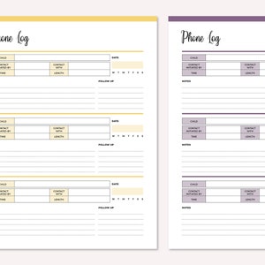 May include: A printable phone log template with two pages. The first page is yellow and the second page is purple. Each page has a table with columns for child, contact initiated by, time, contact with, length, date, and follow up. The table has rows for multiple entries.