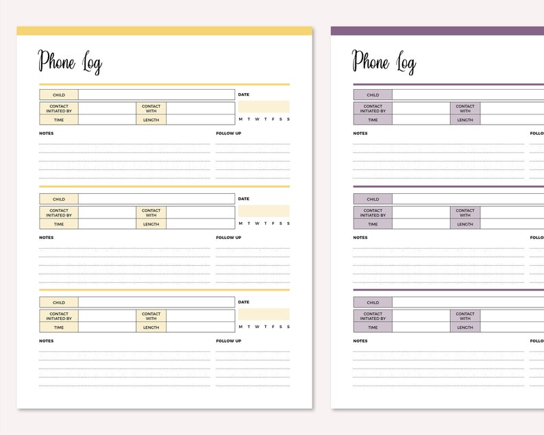May include: A printable phone log template with two pages. The first page is yellow and the second page is purple. Each page has a table with columns for child, contact initiated by, time, contact with, length, date, and follow up. The table has rows for multiple entries.