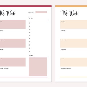 May include: Two printable weekly planner pages with a minimalist design. The left page has a burgundy border and the right page has a gold border. Both pages have a section for "This Week", "Week of", "To Do", and "Notes".