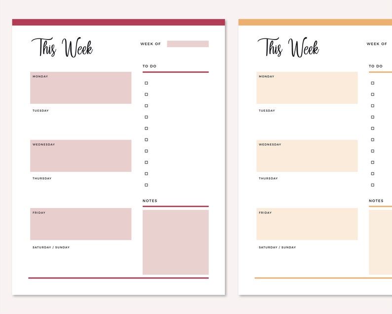 May include: Two printable weekly planner pages with a minimalist design. The left page has a burgundy border and the right page has a gold border. Both pages have a section for "This Week", "Week of", "To Do", and "Notes".