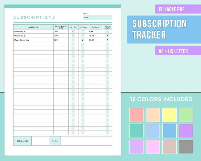Sample Notes For Subscription Box Editable Subscription Tracker Printable, Fillable Account Tracker ...