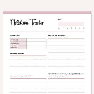Single-page Meltdown Tracker special needs carer template in pink with date field, Information table, Explain the Meltdown section, Triggers/Causes, How Did the Meltdown End, and Sensory Levels During Meltdown sections.
