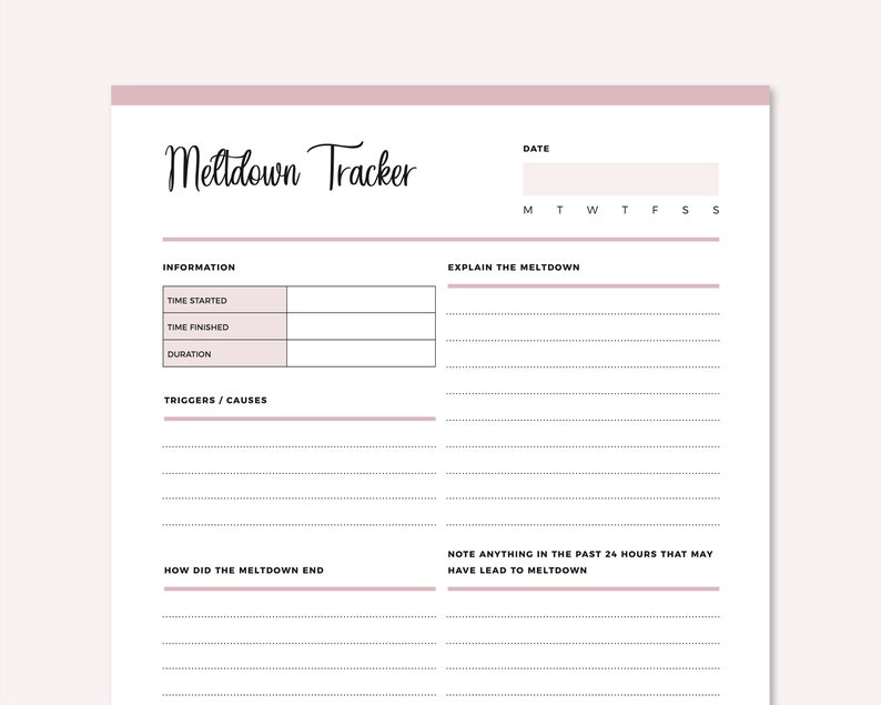 Single-page Meltdown Tracker special needs carer template in pink with date field, Information table, Explain the Meltdown section, Triggers/Causes, How Did the Meltdown End, and Sensory Levels During Meltdown sections.