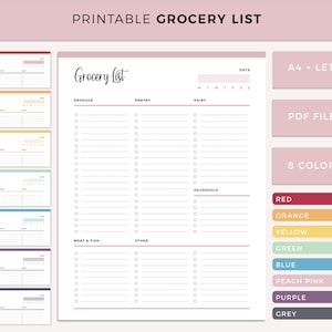 Printable grocery list, groceries planner, food shopping list, dairy, grocery checklist, produce and pantry, instant download