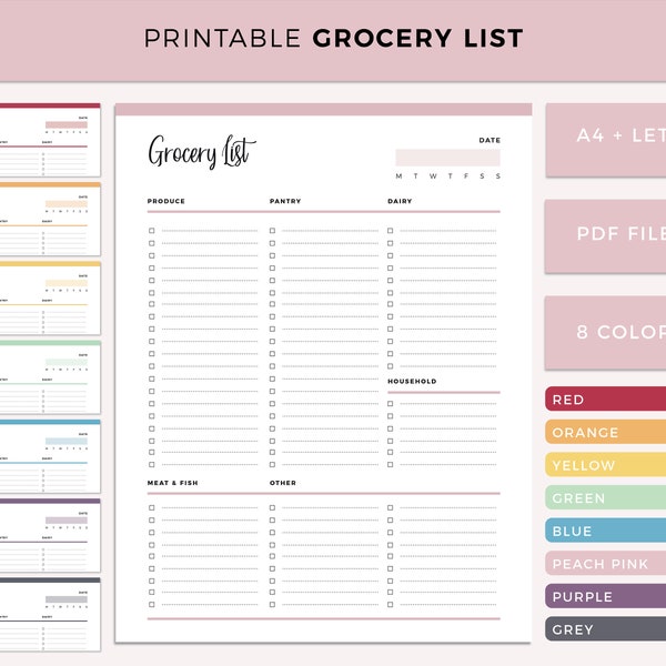 Printable grocery list, groceries planner, food shopping list, dairy, grocery checklist, produce and pantry, instant download