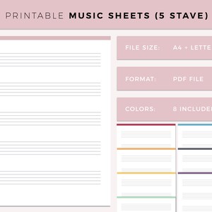Printable Lined Music Sheets, Print at home 5 Stave Music Manuscript, Music Student and teacher instant download, A4 and letter size