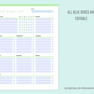 May include: A printable self-care list with a green header and blue checkboxes. The list includes sections for every day, Tuesday, Wednesday, Thursday, Friday, Saturday, Sunday, and other. All blue boxes are editable.